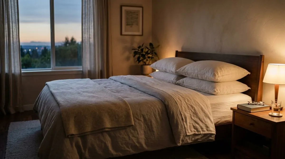 Uma cama arrumada com lençóis claros ao entardecer, atmosfera de preparo para a noite
