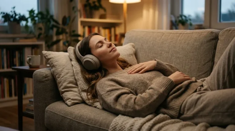 Mulher relaxando no sofá com fones de ouvido, ouvindo ondas binaurais de olhos fechados
