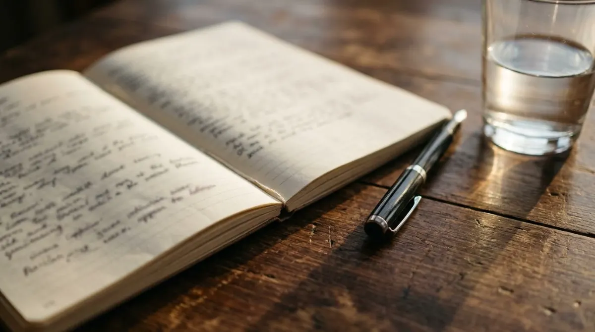 Caderno com anotações, caneta e copo de água sobre a mesa antes da primeira sessão de terapia