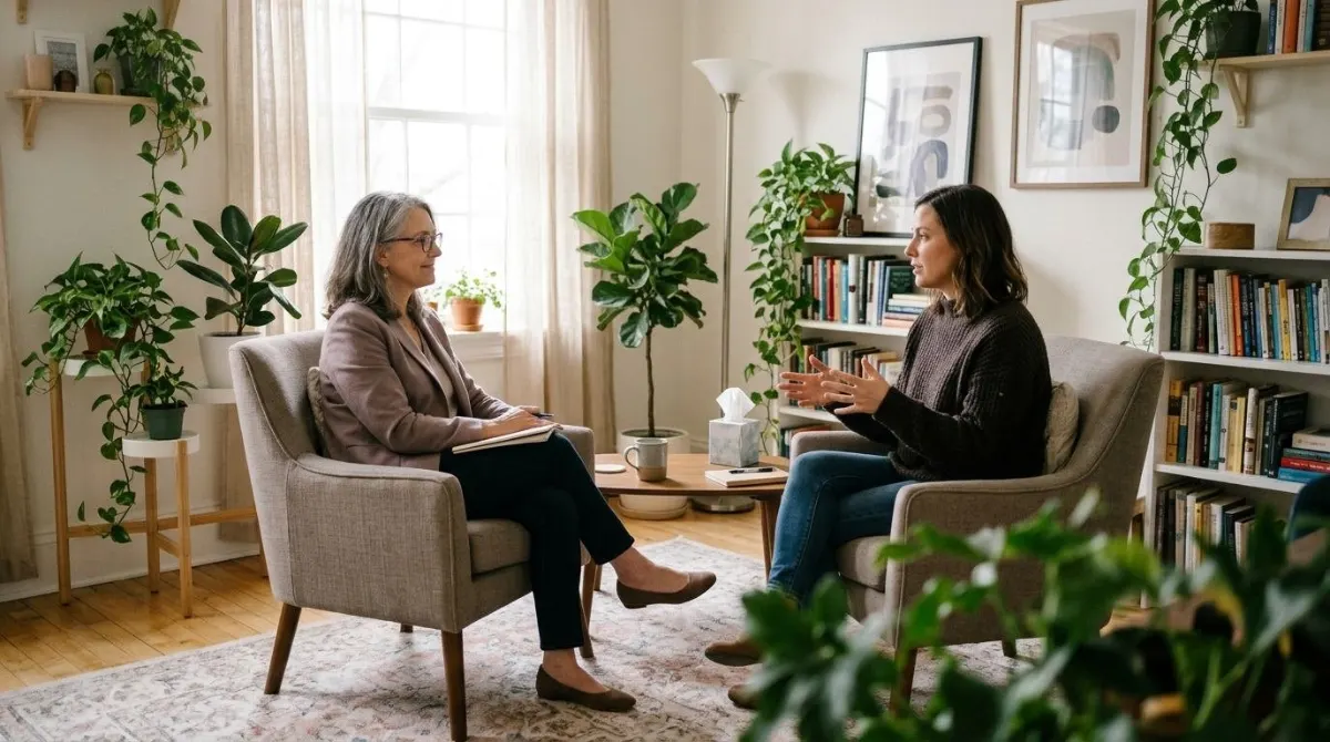 Mulher e terapeuta conversando em poltronas frente a frente durante a primeira sessão