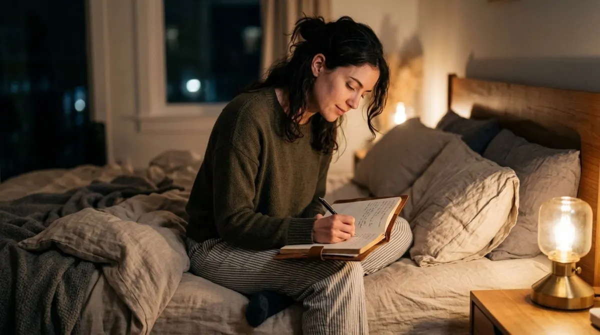 Uma mulher escrevendo em um caderno sentada na beira da cama à noite, luz quente, expressão calma