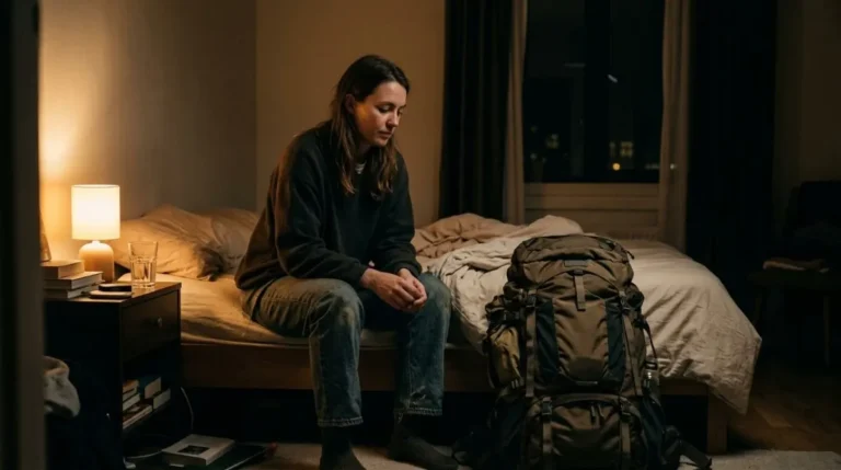 Mulher sentada na cama à noite com uma mochila pesada ao lado e cabeça baixa, peso do sentimento de culpa