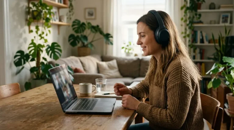 Mulher em sessão de terapia online pelo notebook, com fone de ouvido, na sala de casa