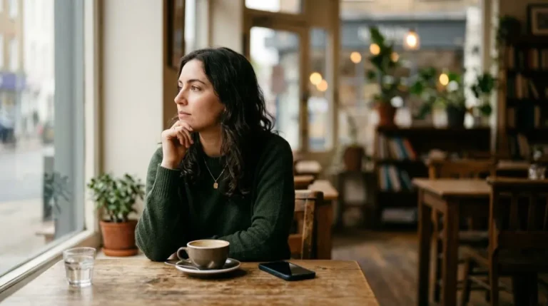 Uma mulher sentada sozinha em uma mesa de café com uma xícara e o celular virado para baixo, olhar reflexivo, luz suave